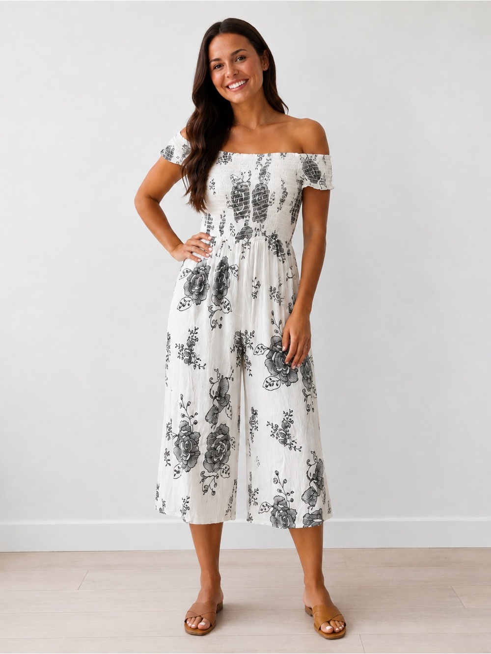 White & Black Floral Off-Shoulder Cropped Jumpsuit